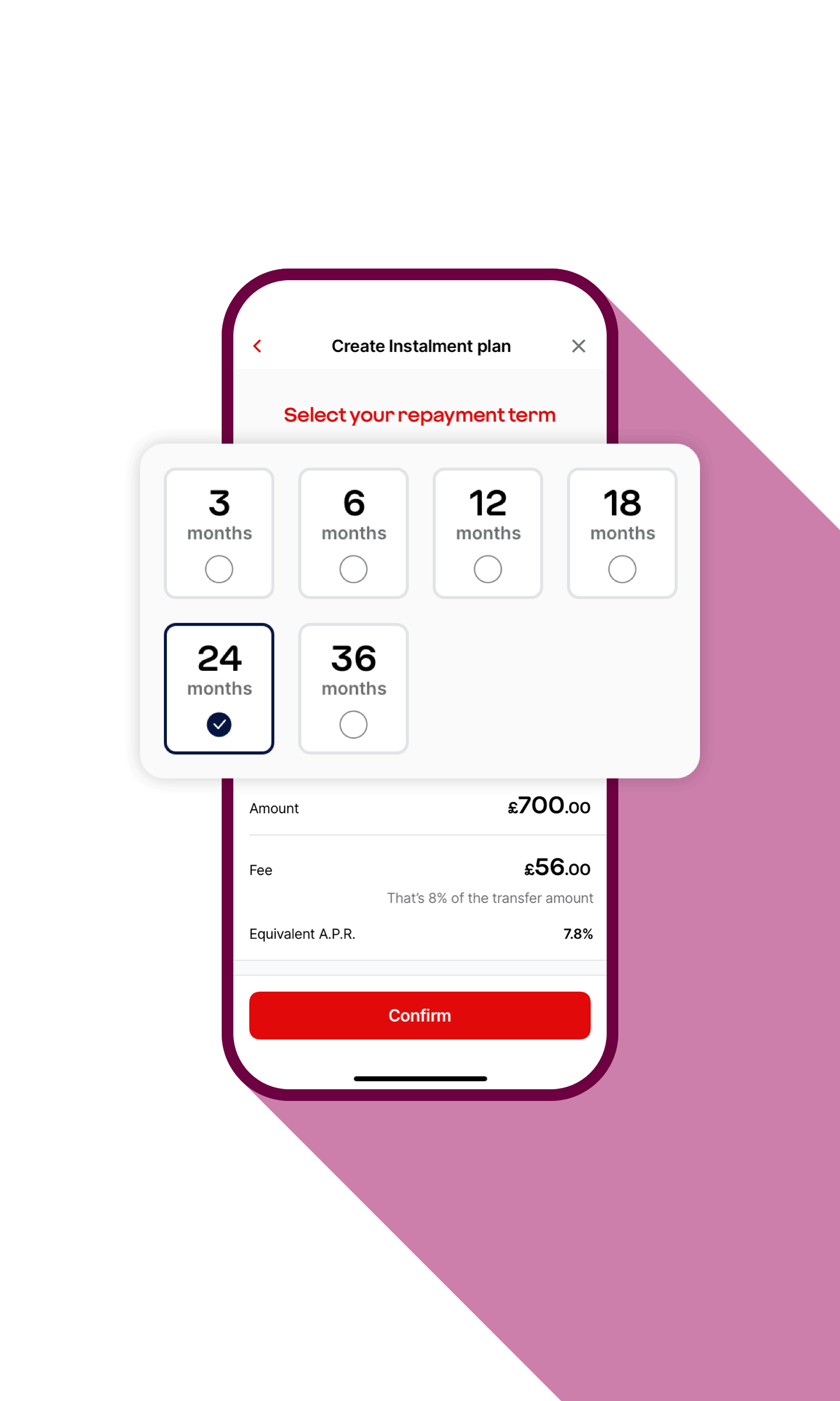 A smartphone showing an instalment plan on the Virgin Money Credit Card app