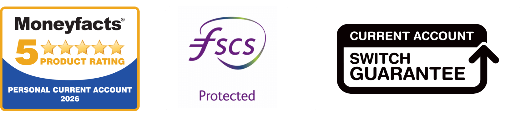Current Account Switch Guarantee, FSCS Protected and Moneyfacts 2022-2024 Award for Best Current Account Provider badges