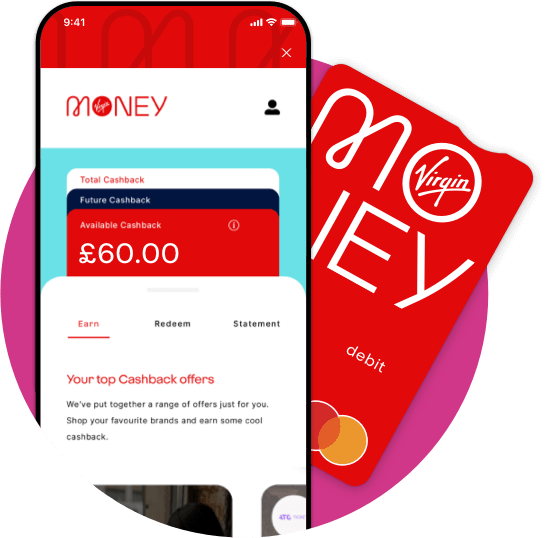 Virgin Money app with cashback screen and Virgin Money debit card behind it on a magenta background
