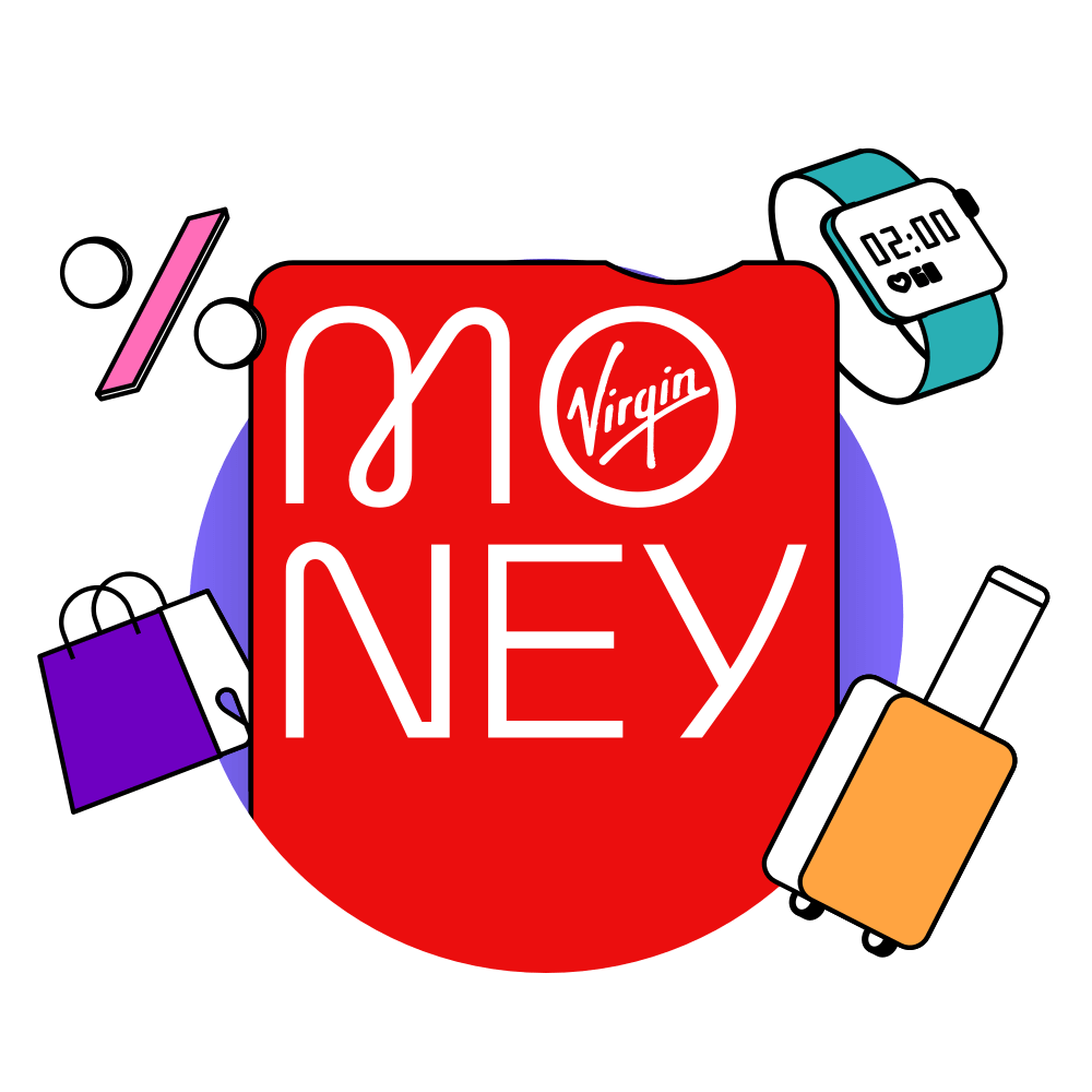 Virgin Money debit card surrounded by a percentage sign, fitness watch, suitcase and shopping bag
